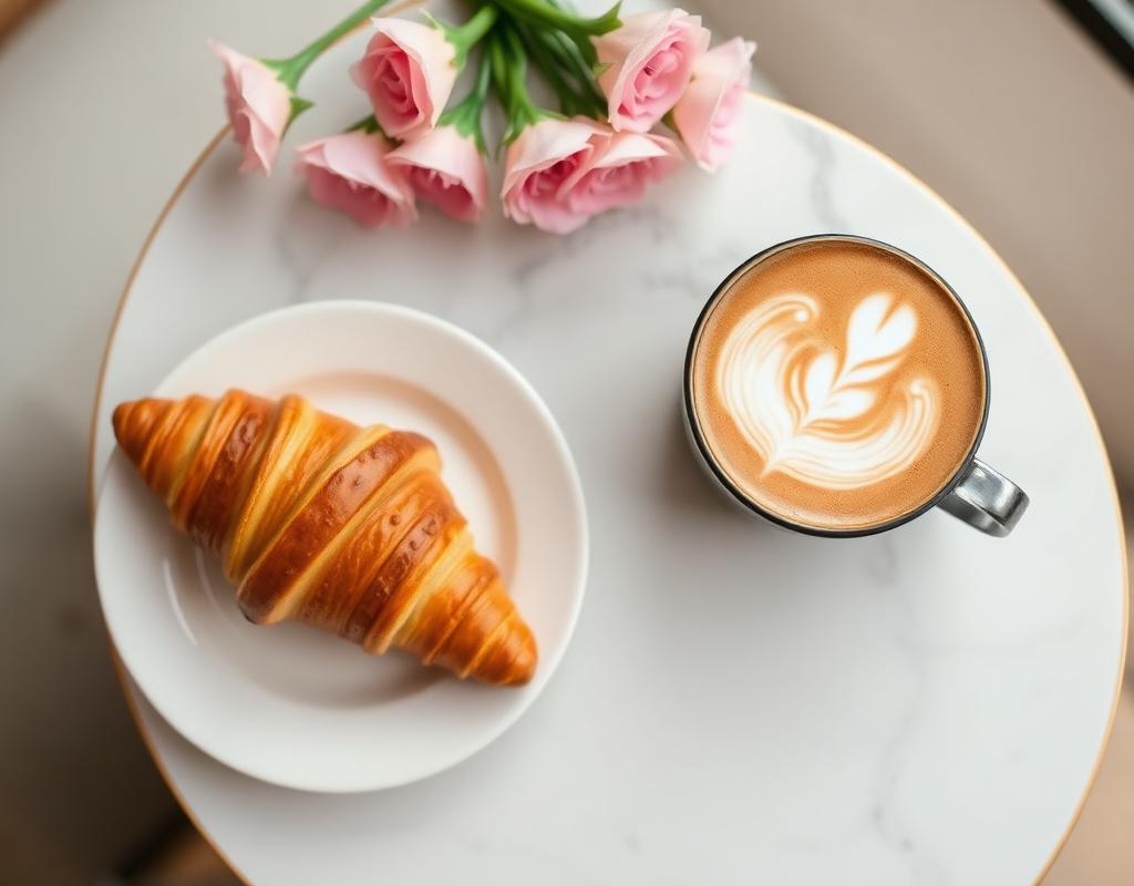 Cafe flatlay with croissant